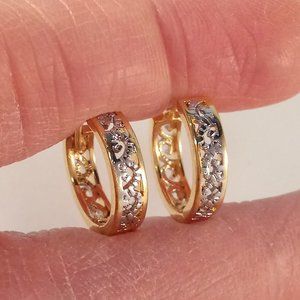 18K Yellow Gold Filled Silver Filigree Two Tone Carved Hoop Huggie Earrings 14mm